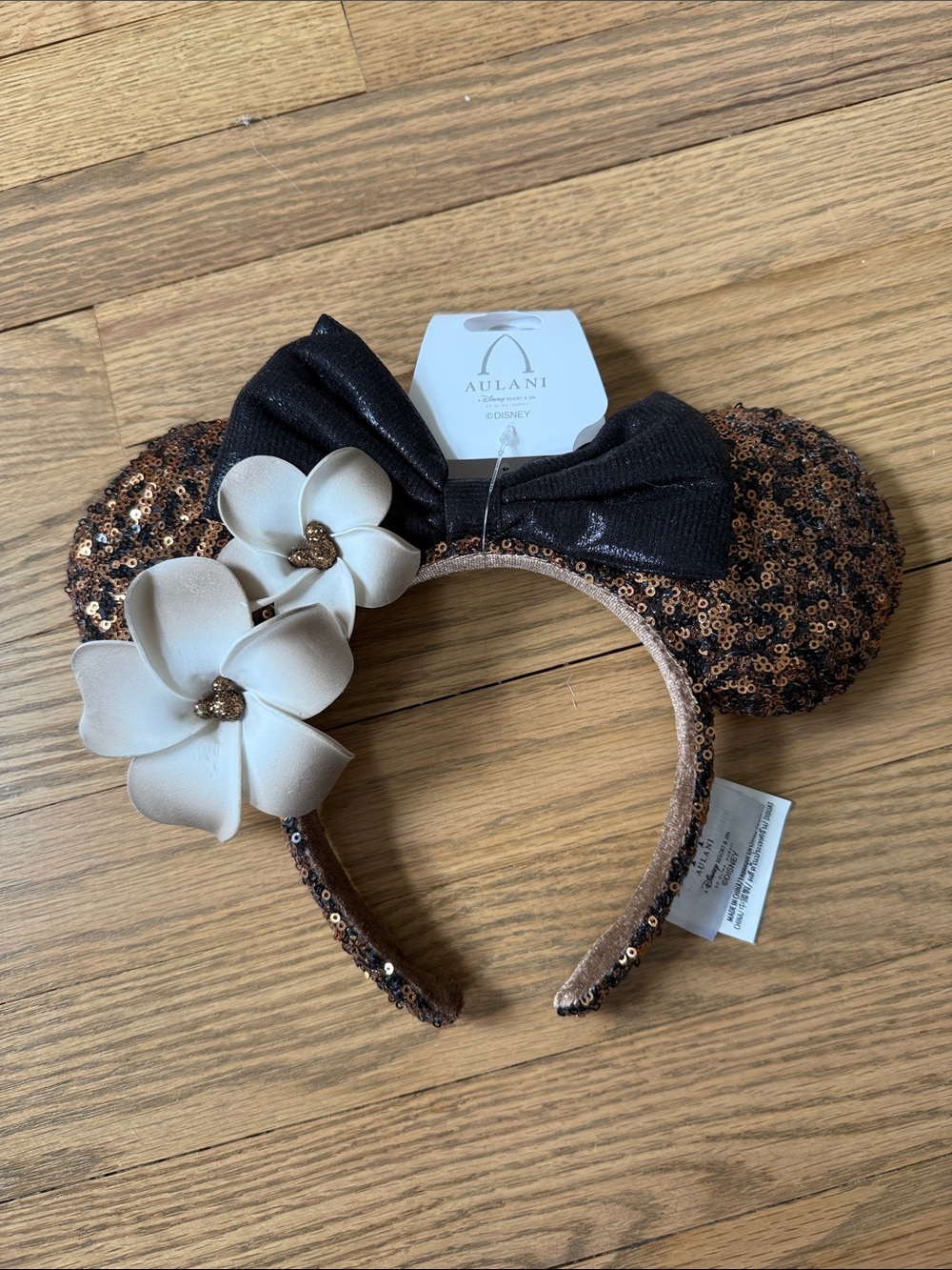Disney’s Aulani Sequin Minnie Ears Headband - Brown with Cream Flowers
